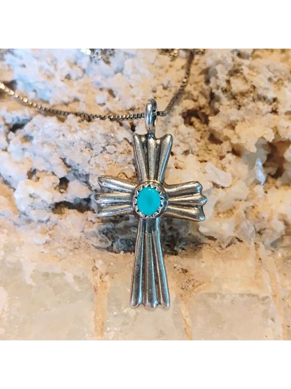 Vtg Navajo Sand Cast Sterling Silver Turquoise Cross Pendant Necklace 19" Chain